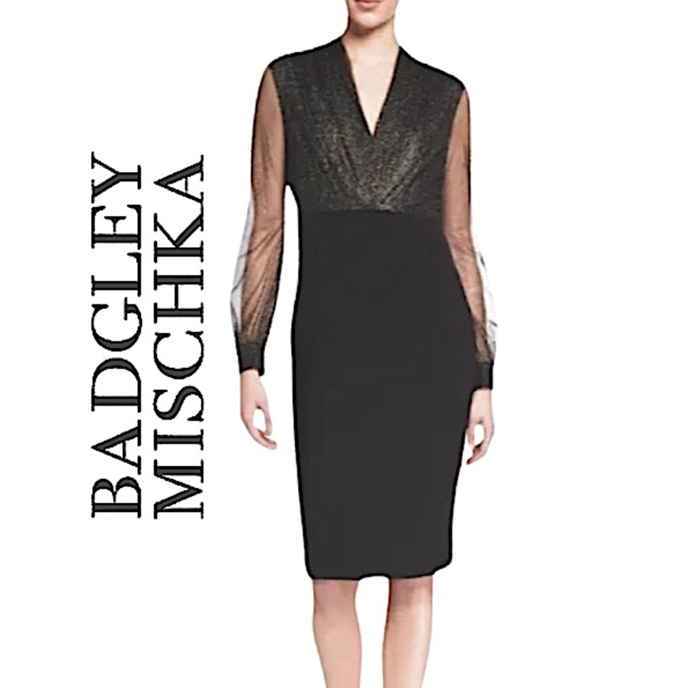 BADGLEY MISCHKA.NWT.Long Sleeve Crepe Sheath dress. Foiled Tulle Mesh Design.4 - Picture 1 of 16